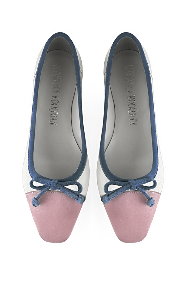 Dusty rose pink, light silver and denim blue women's ballet pumps, with low heels. Square toe. Flat flare heels. Top view - Florence KOOIJMAN